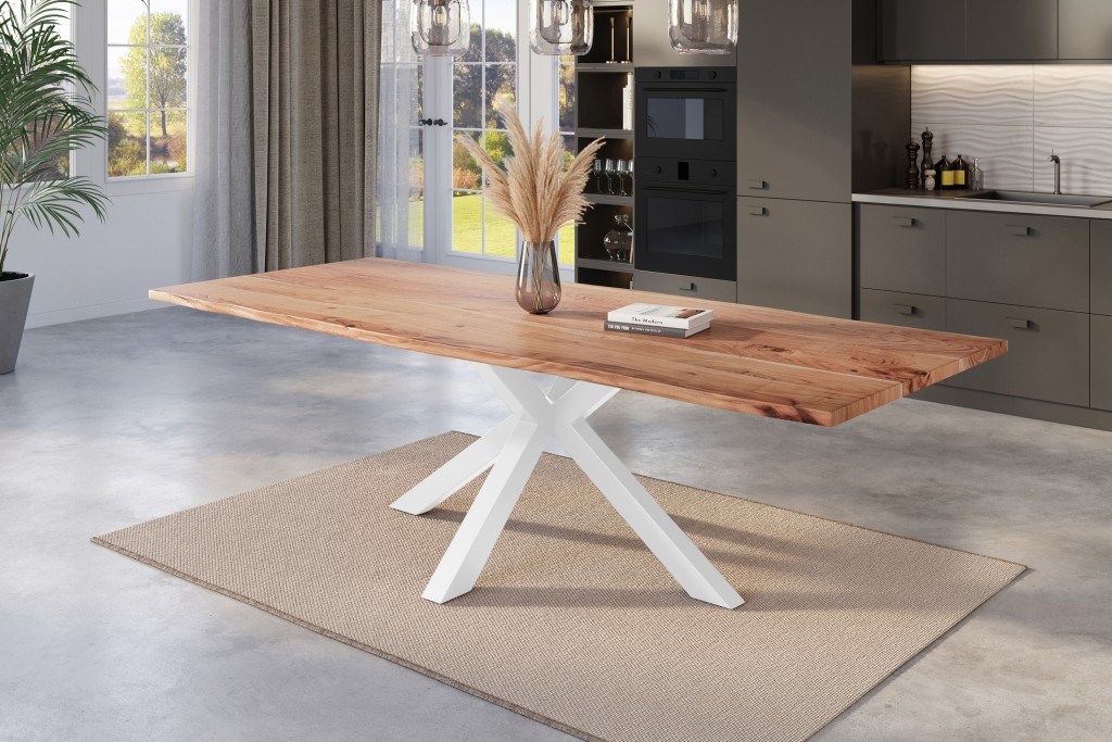 Esstisch Baumkante massiv Akazie natur 240 x 100 cm Spider-Gestell weiß Kalea