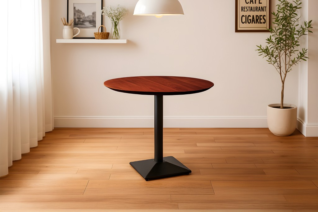 Bistrotisch Schweizer Kante massiv Akazie nussbaumfarben 90 cm Säulengestell-eckig schwarz BRASILIA