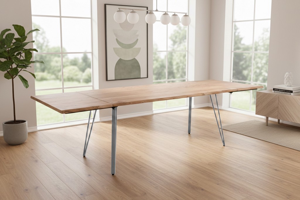 Esstisch Baumkante Akazie natur 160(260)x90 Ansteckplatten Vierfuß-Gestell silber AVINO