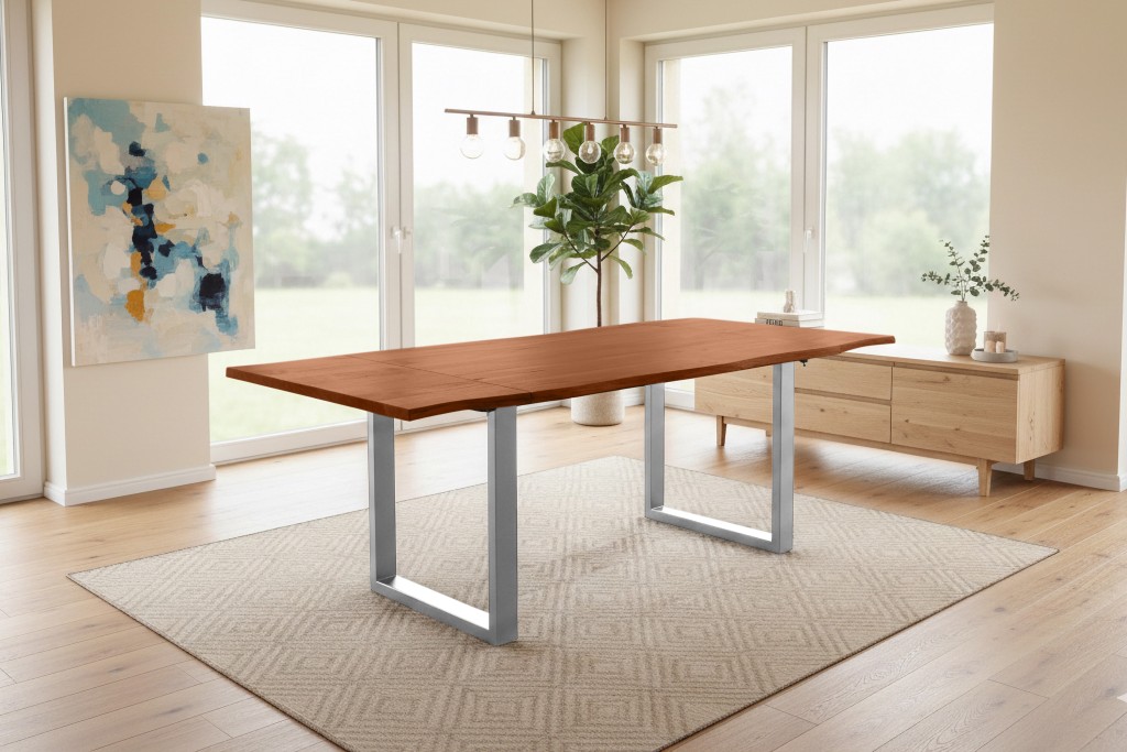 Esstisch Baumkante Akazie nuss 120(200)x90 Ansteckplatten U-Gestell silber AVINO