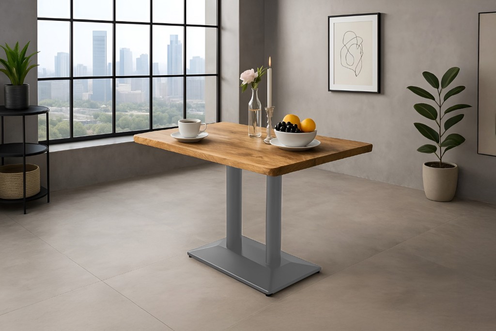 Bistrotisch Baumkante massiv 100 x 60 cm Akazie naturfarben Mango Doppelsäulengestell silber ISLA