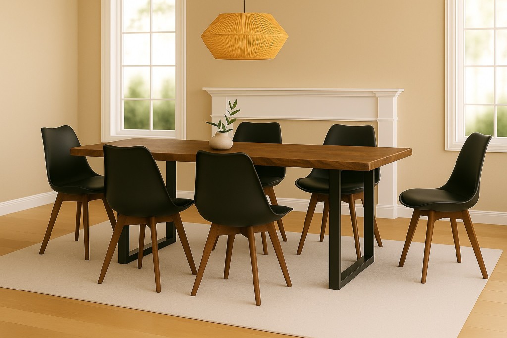 Essgruppe Baumkante massiv 220 x 100 cm Holz-Optik Nussbaum U-Gestell schwarz & 6 Stühle schwarz JOSY