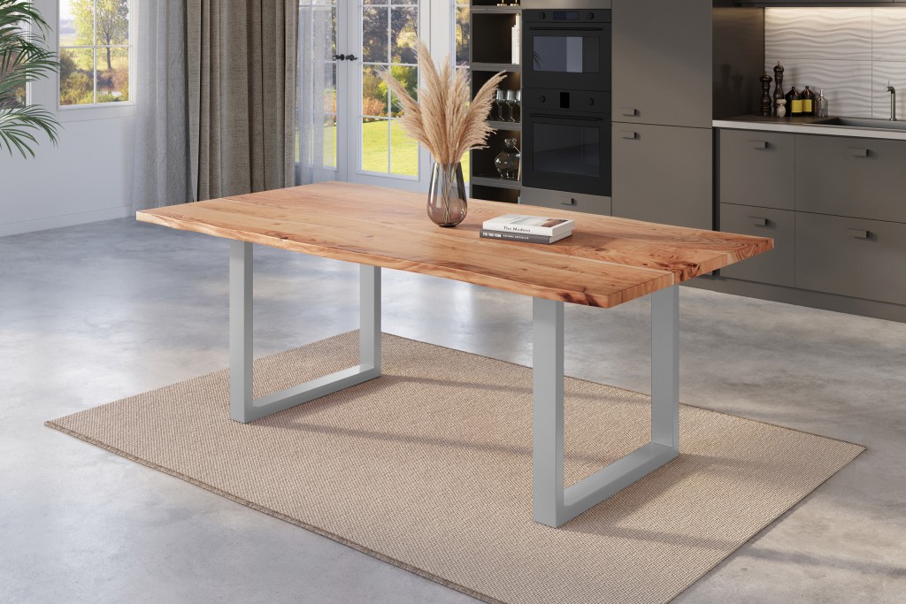 Esstisch Baumkante massiv Akazie natur 200 x 100 U-Gestell silber NICK