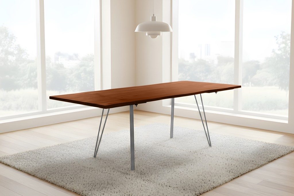 Esstisch Baumkante Akazie nuss 140(220)x90 Ansteckplatten Vierfuß-Gestell silber AVINO