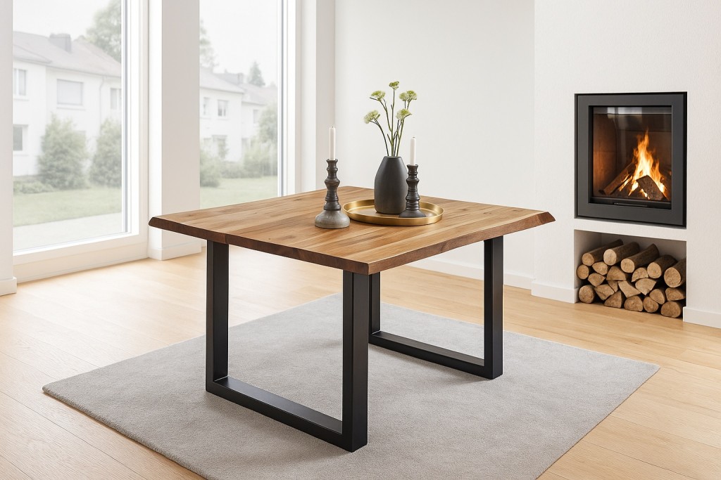 Esstisch Baumkante massiv Akazie natur 80 x 80 schwarz NOAH