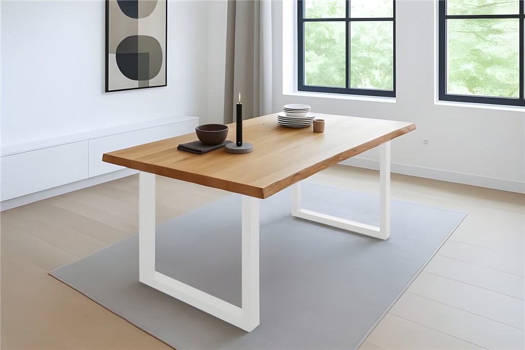 Esstisch Baumkante massiv Eiche geölt 240 x 100 cm U-Gestell weiß SALVADOR