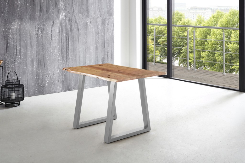 Esstisch Baumkante massiv Akazie natur 120 x 80 silber V-Gestell LUBIN