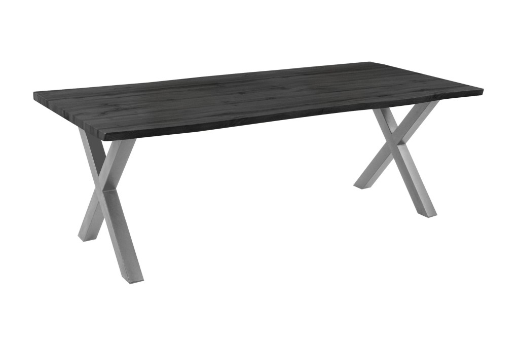 Esstisch Baumkante Holz-Optik Grau 220 x 100 X-Gestell silber JOSY