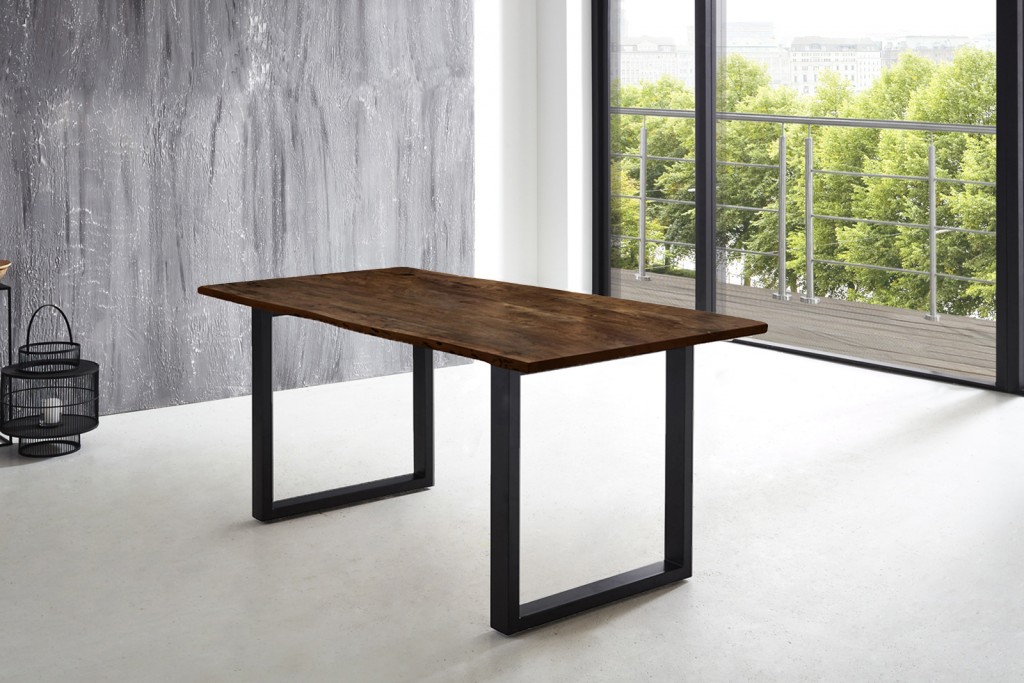 Esstisch Baumkante massiv Akazie nussbaum 200 x 100 schwarz U-Gestell LUBIN