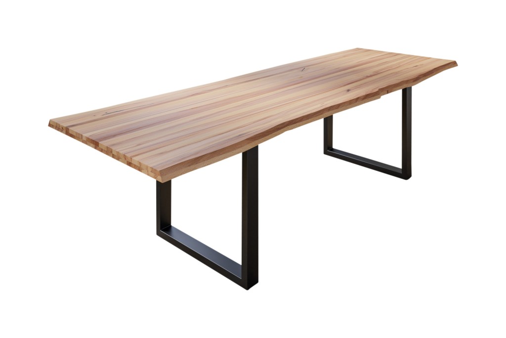 Esstisch Baumkante Massiv Wildbuche 240 x 100 mattschwarz U-Gestell ROMAN
