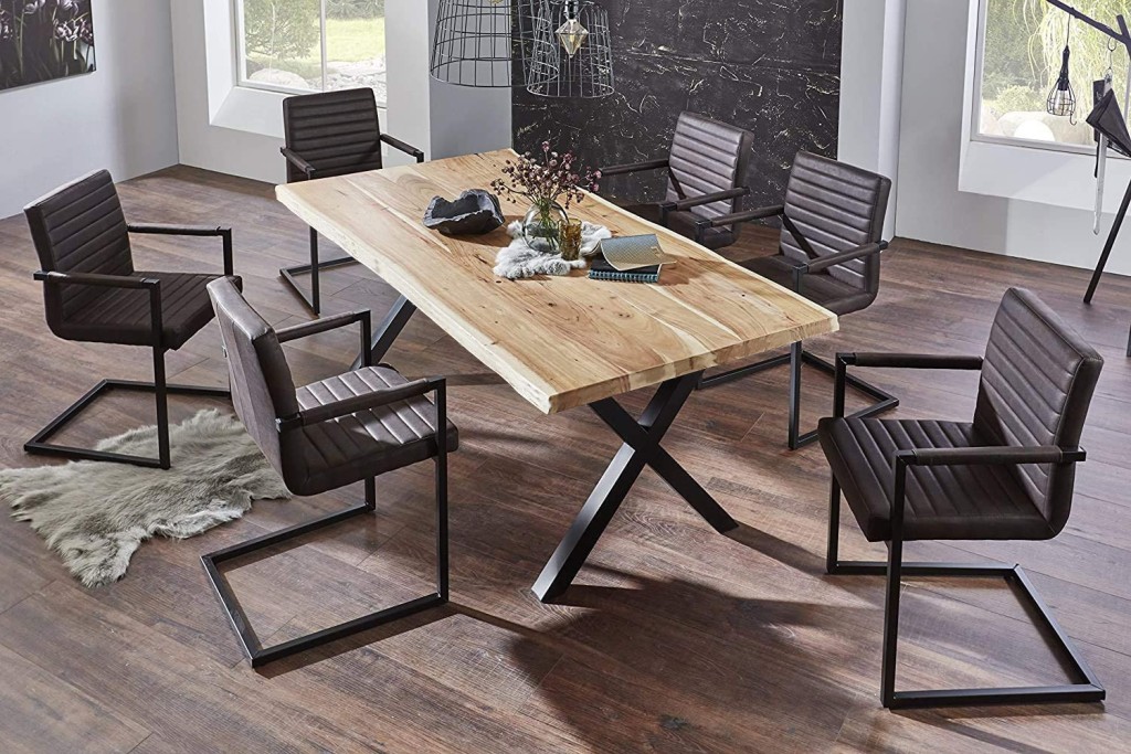 Esstisch Baumkante massiv Akazie natur 220 x 100 schwarz X-Gestell XEREZ