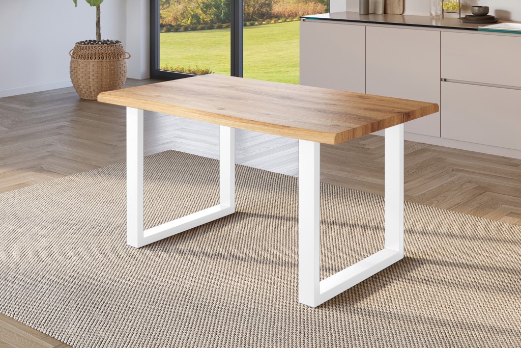 Esstisch Baumkante Holz-Optik Wildeiche 140 x 80 U-Gestell weiß JULIUS