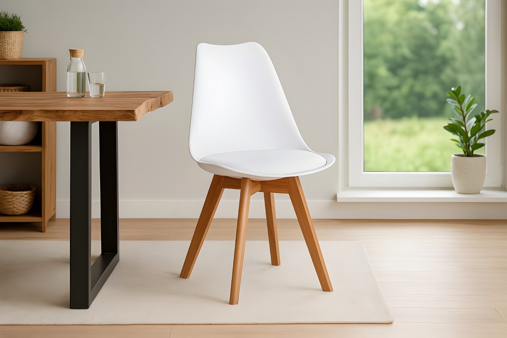 Esszimmer Schalenstuhl & Polster Kunstleder weiß Stuhlbein Massivholz akazienfarben LOVELACE