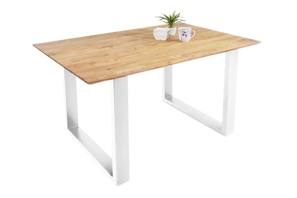Esstisch 140x80cm Akazie massiv eichenfarben schweizer Kante U-Gestell weiß DEAN