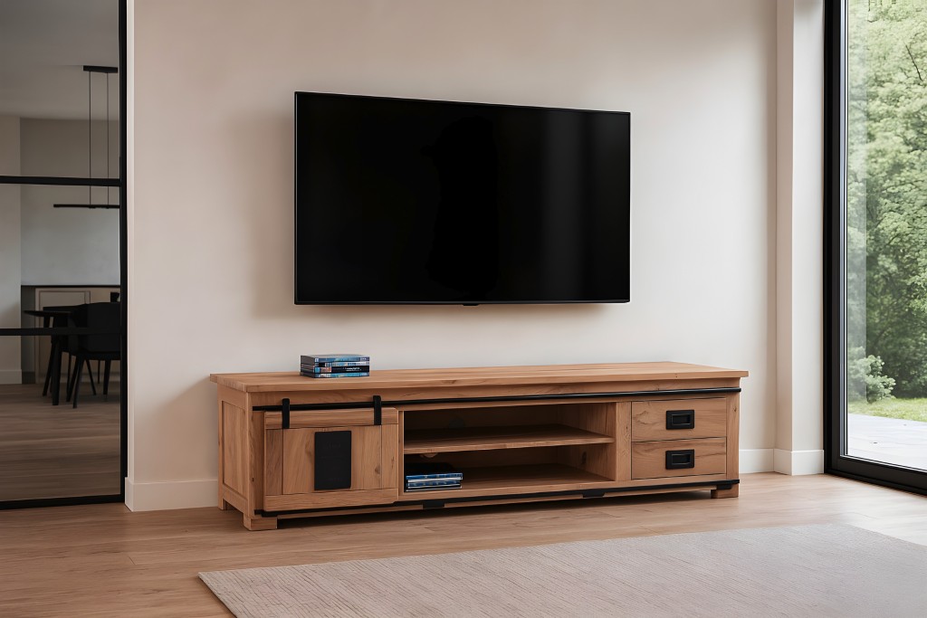 Lowboard Kommode TV-Board mit Schiebetür, 2 Schubfächern & 4 Fächern Akazie massiv natur 200 x 55 x 50 cm LIBRO