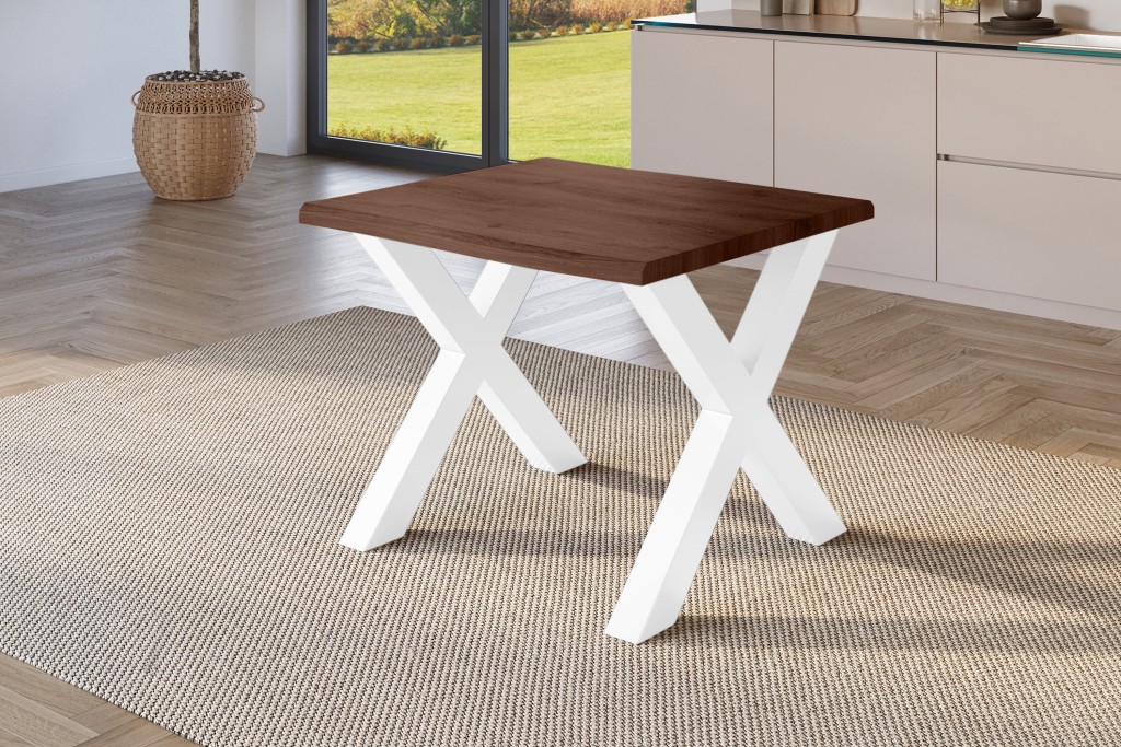 Esstisch Baumkante Holz-Optik Nussbaum 80 x 80 X-Gestell weiß JULIUS