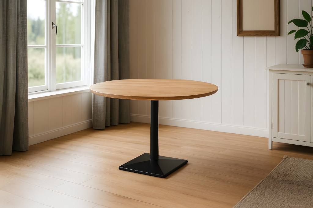 Bistrotisch Schweizer Kante massiv Akazie naturfarben 110 cm Säulengestell-eckig schwarz BRASILIA