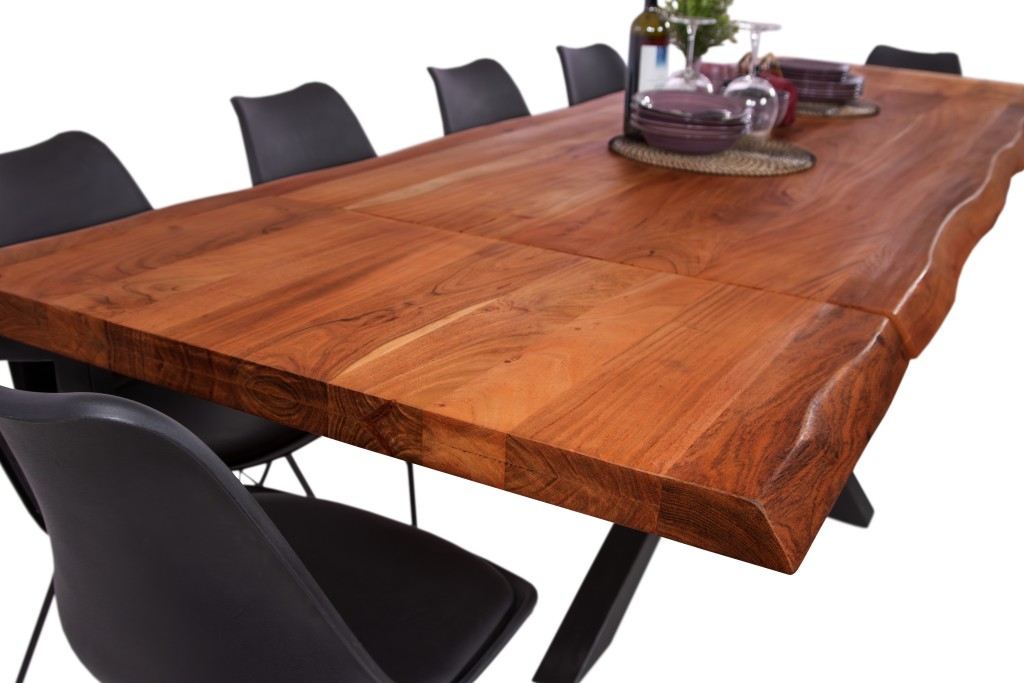Esstisch Baumkante Akazie nuss 160 (260) x 90 cm Spider-Gestell schwarz mit Ansteckplatten CALI