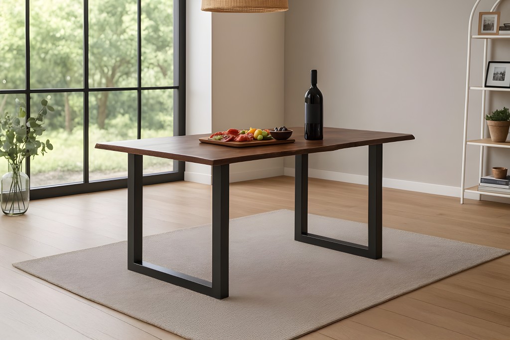 Esstisch Baumkante massiv Akazie kastanienfarben 140 x 80 cm U-Gestell schwarz Roxana