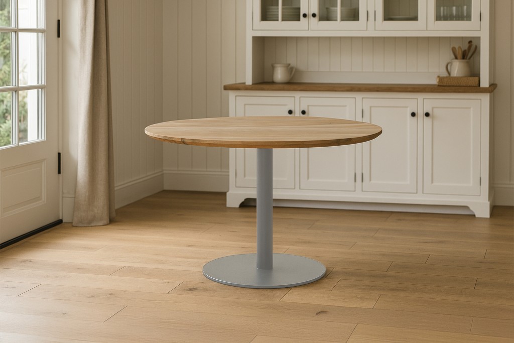 Bistrotisch Schweizer Kante massiv 110 cm Akazie naturfarben Säulengestell-rund silber BRASILIAN