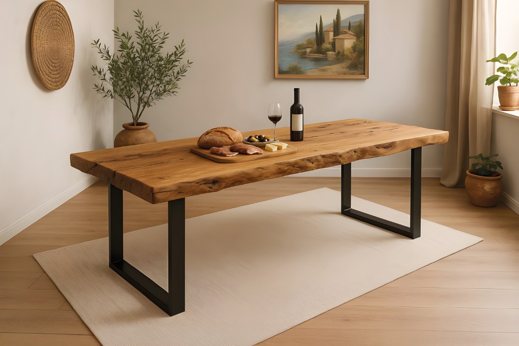 Baumkantentisch Teak 250 x 100 cm massiv U-Gestell schwarz KINAN