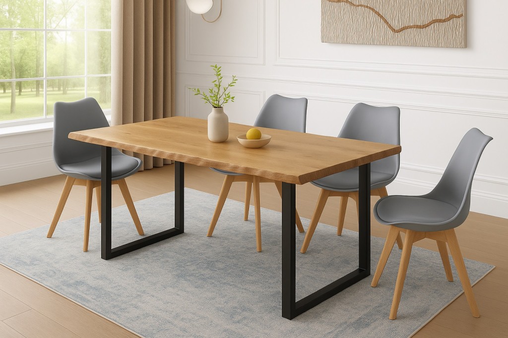 Essgruppe Baumkante massiv 140 x 80 cm Holz Wildeiche-Optik U-Gestell schwarz & 4 Stühle grau JOSY