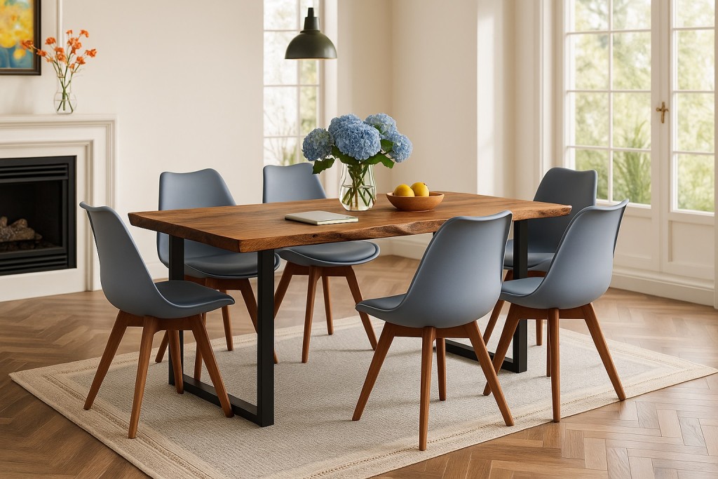 Essgruppe Baumkante massiv 180 x 90 cm Akazie nussbaumfarben U-Gestell schwarz & 6 Stühle grau QUINN