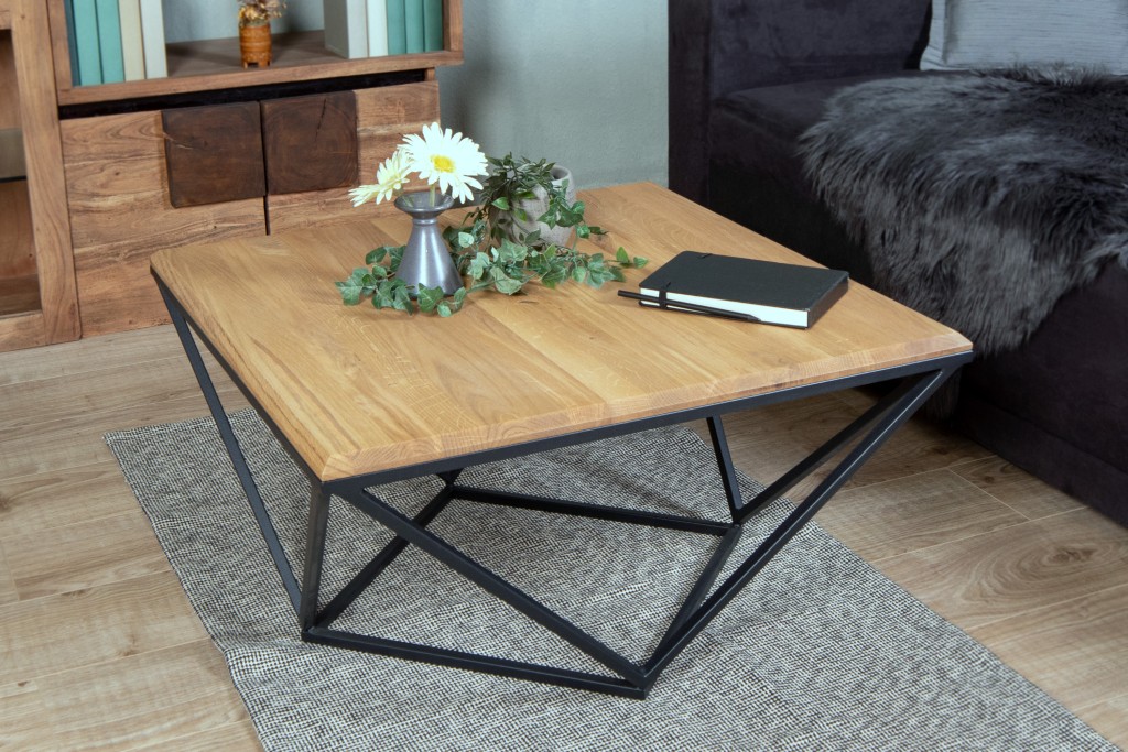 Couchtisch Industrial-Design Wildeiche massiv 75 x 75 cm schwarz SASKIA