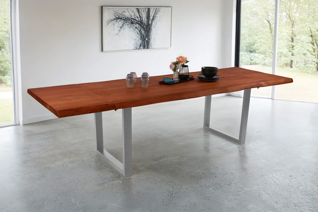 Esstisch Baumkante Akazie nuss 200 (300) x 100 U-Gestell silber mit Ansteckplatten CALI