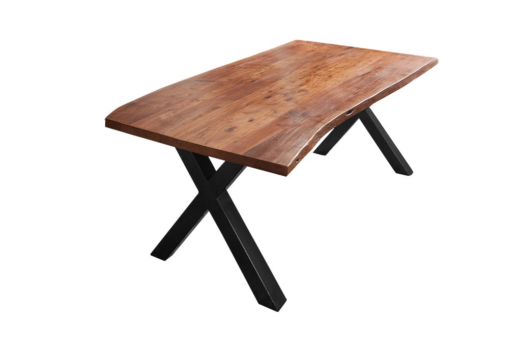 Esstisch Baumkante massiv Akazie nuss 180 x 90 X-Gestell schwarz XANTEN
