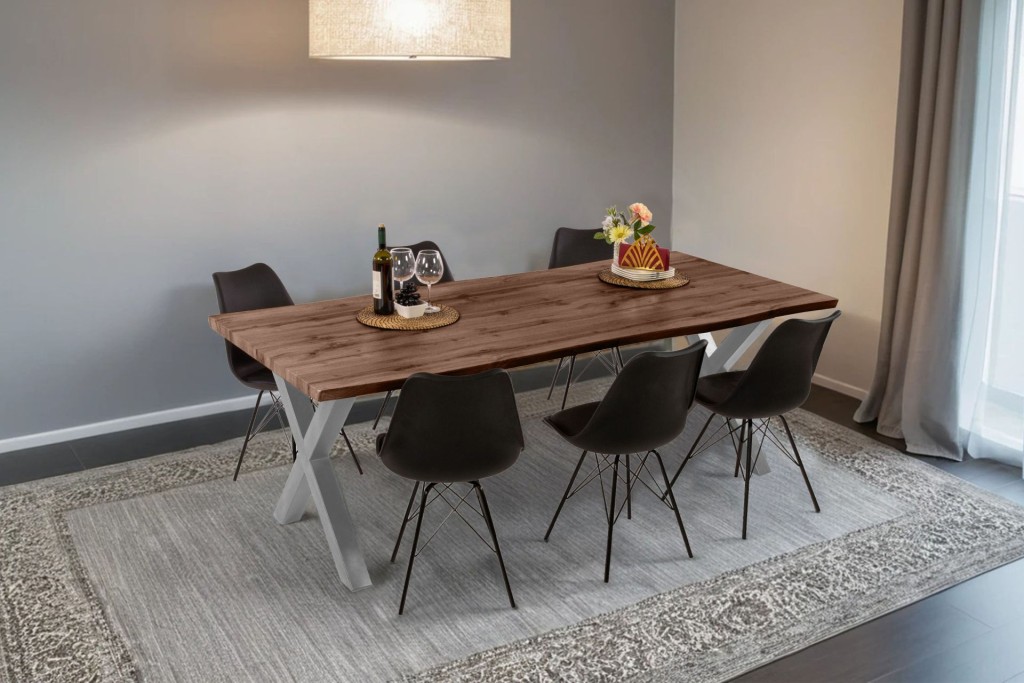 Esstisch Baumkante Holz-Optik Nussbaum 240 x 100 X-Gestell silber JOSY