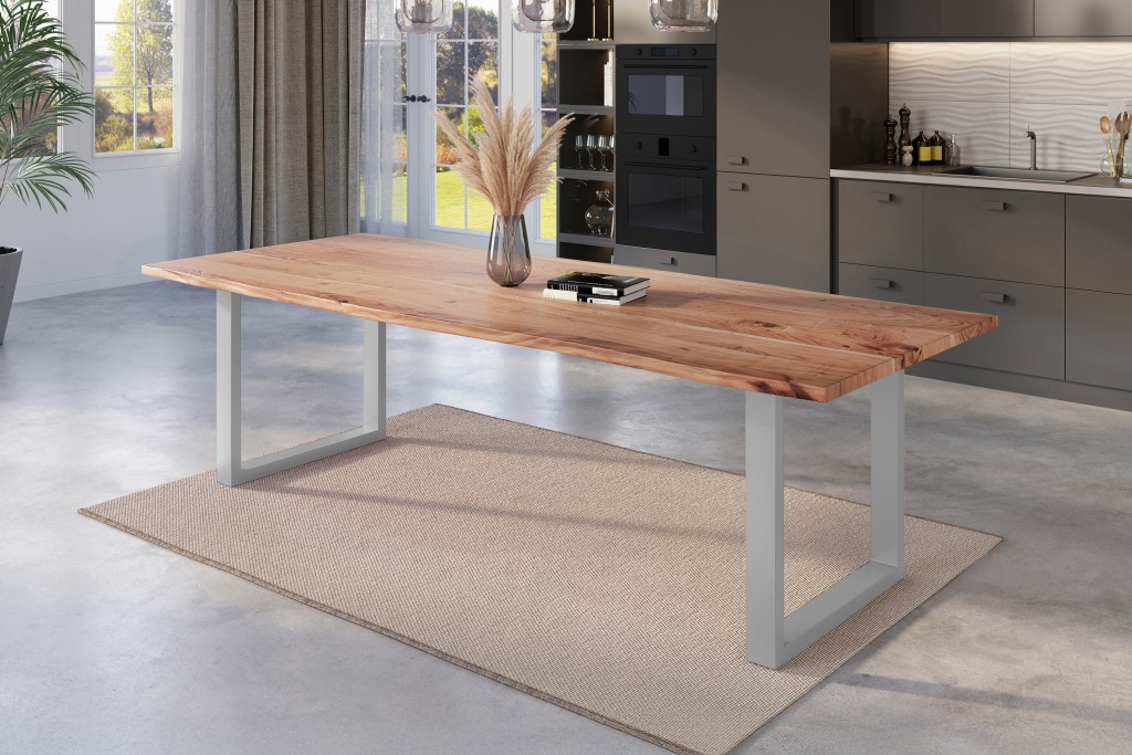 Esstisch Baumkante massiv Akazie natur 260 x 100 U-Gestell silber NICK