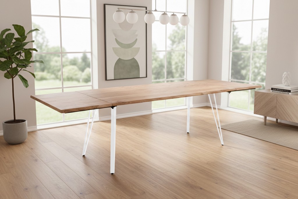 Esstisch Baumkante Akazie natur 180(280)x90 Ansteckplatten Vierfuß-Gestell weiß AVINO