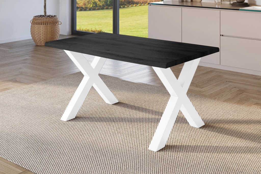 Esstisch Baumkante Holz-Optik Grau 180 x 90 X-Gestell weiß JULIUS