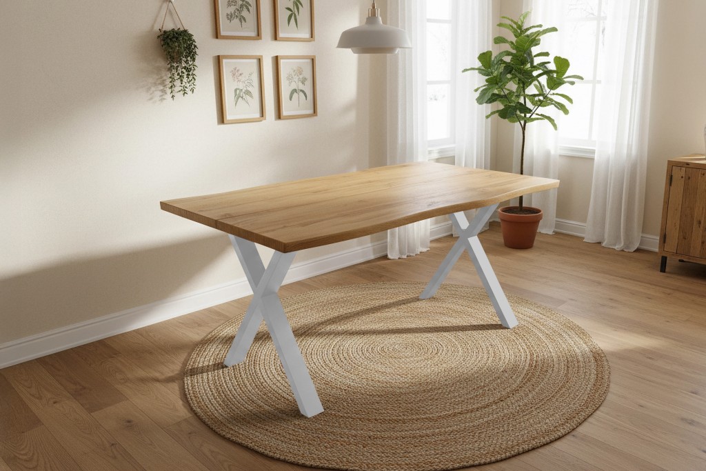 Esstisch Baumkante Holz-Optik Wildeiche 140 x 80 X-Gestell silber DUA