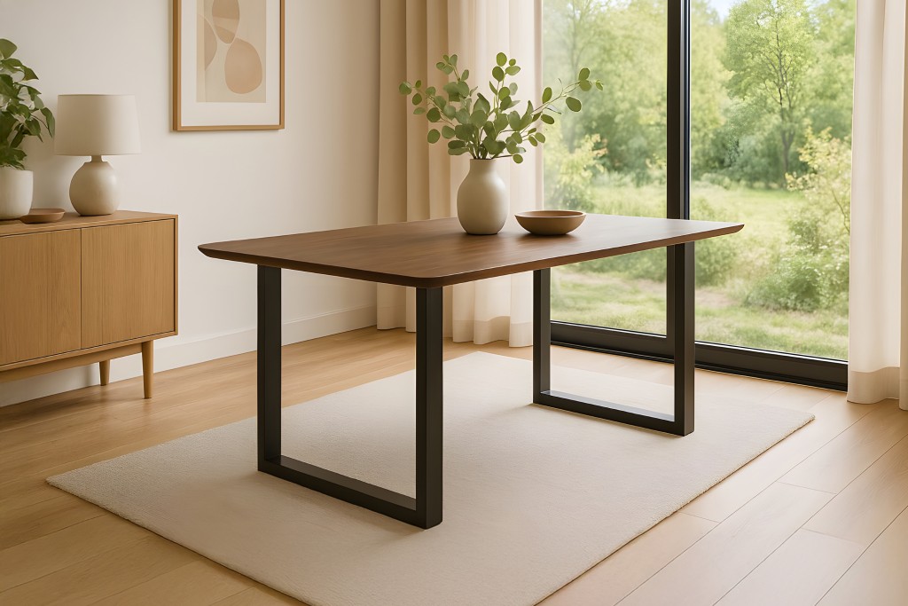 Esstisch 160 x 85 cm Akazie massiv kastanienfarben Schweizer Kante U-Gestell schwarz ROBERTO