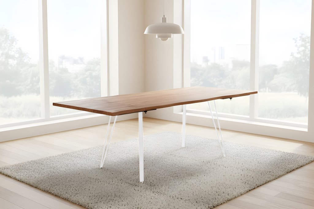 Esstisch Baumkante Akazie natur 140(220)x90 Ansteckplatten Vierfuß-Gestell weiß AVINO