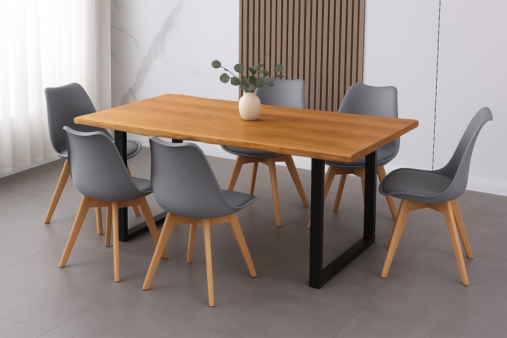 Essgruppe Baumkante massiv 160 x 85 cm Holz Wildeiche-Optik U-Gestell schwarz & 6 Stühle grau JOSY