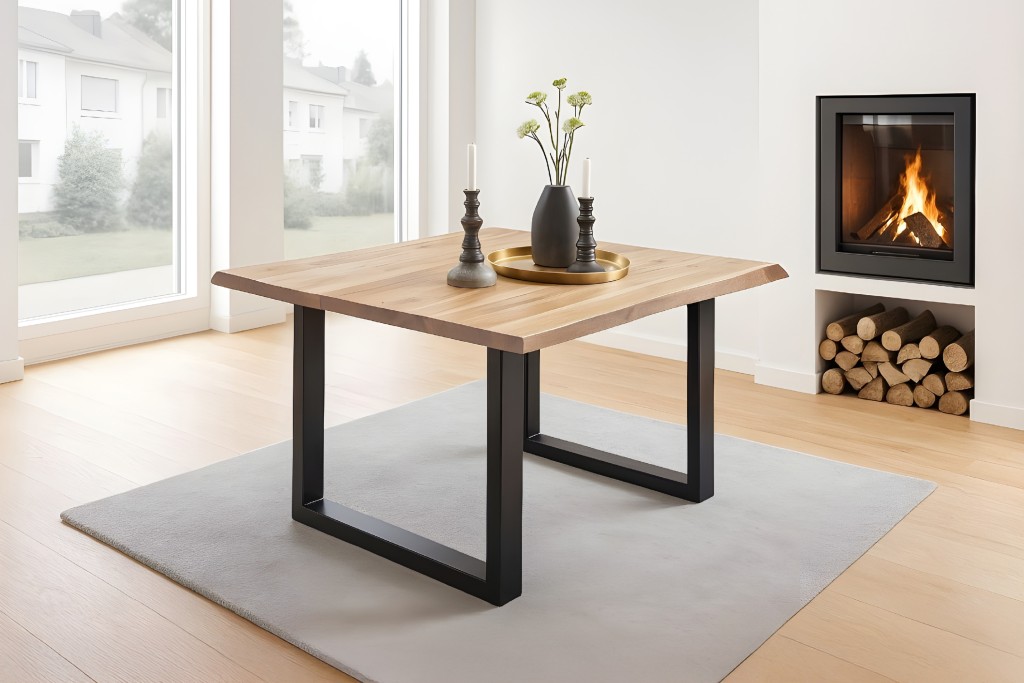 Esstisch Baumkante massiv Akazie eichefarben 90 x 90 schwarz NOAH