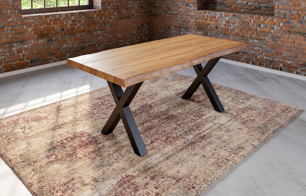 Esstisch Baumkante massiv Akazie natur 220 x 100 schwarz X-Gestell XEREZ