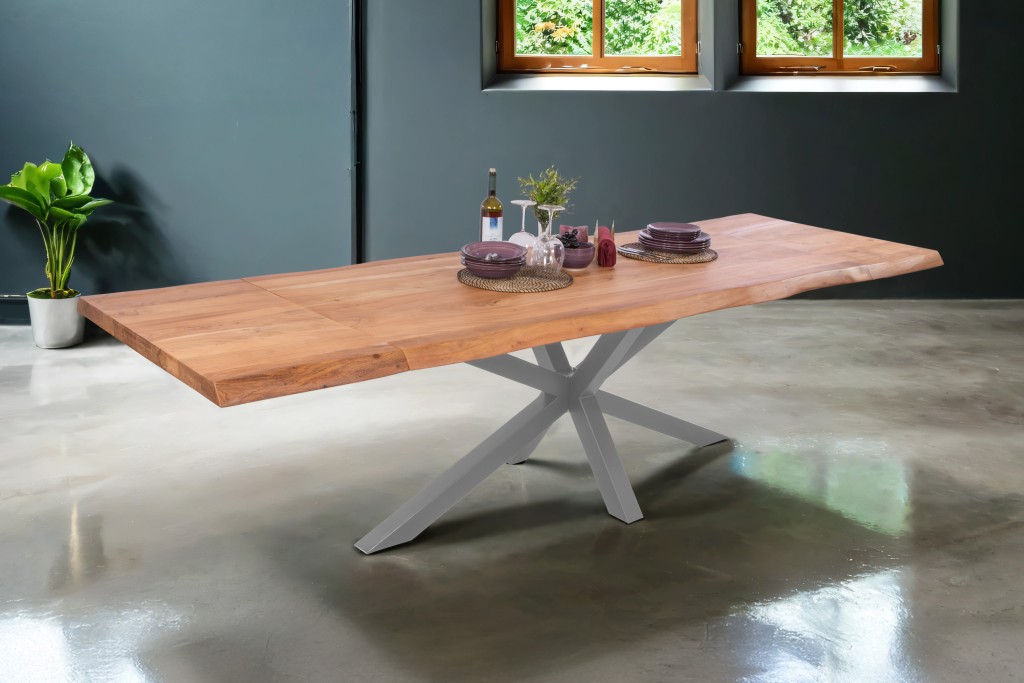 Esstisch Baumkante Akazie natur 140 (220) x 90 cm Spider-Gestell silber mit Ansteckplatten CALI