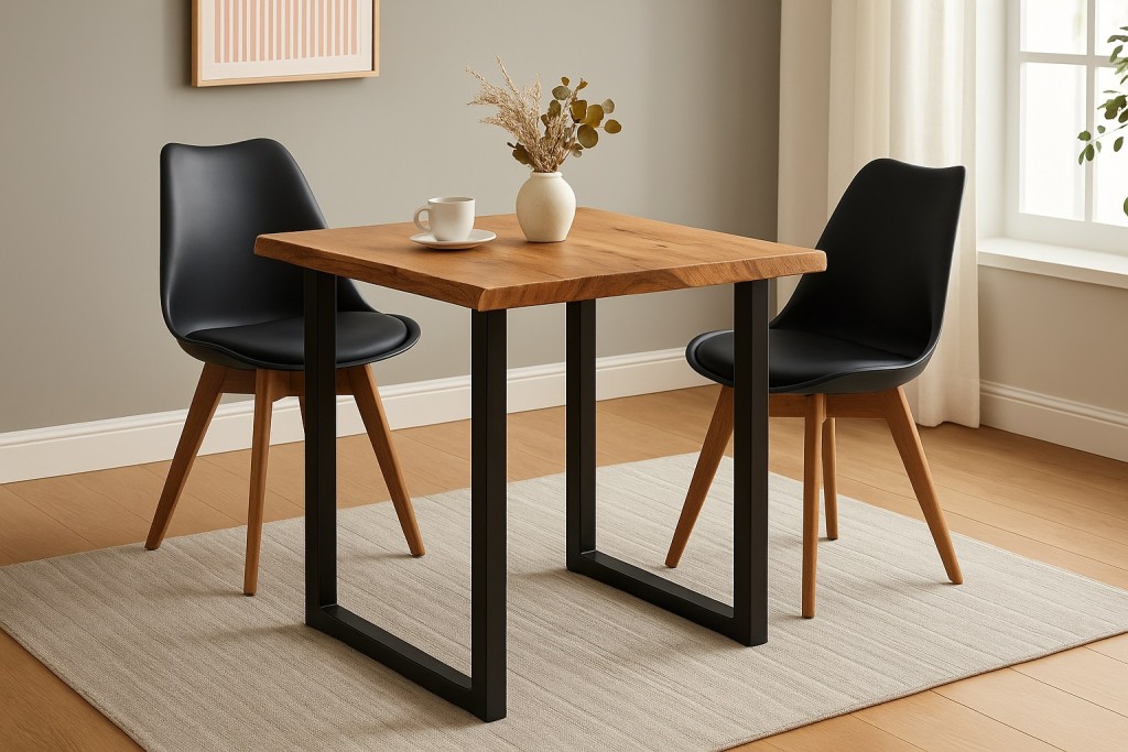 Essgruppe Baumkante massiv 90 x 90 cm Akazie naturfarben U-Gestell schwarz & 2 Stühle schwarz QUINN