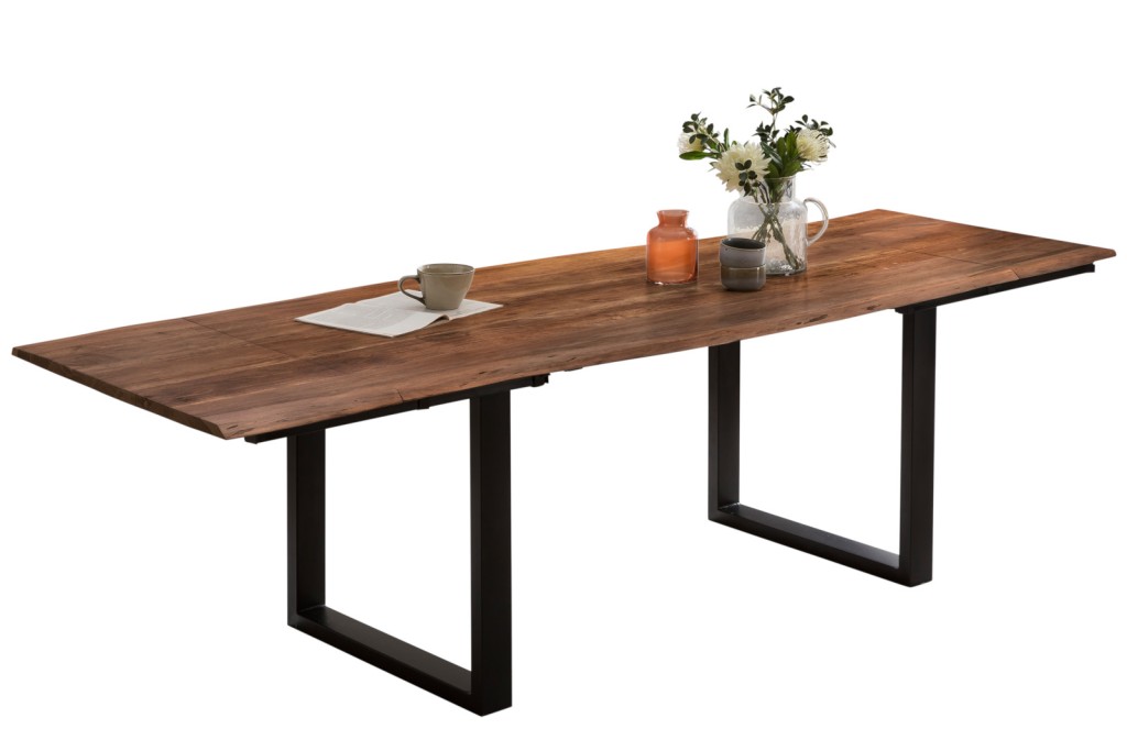 Esstisch Baumkante Akazie nuss 120(200)x90 Ansteckplatten schwarz PAULO