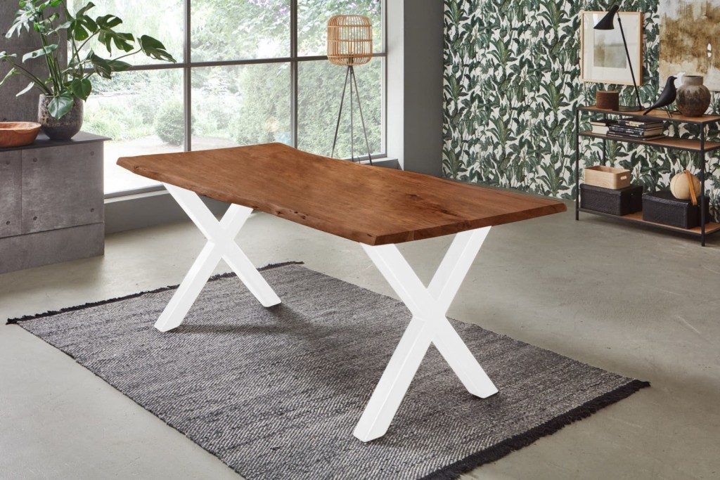 Esstisch Baumkante Akazie nussbaumfarben 260 x 100 cm X-Gestell weiß FREDERIK