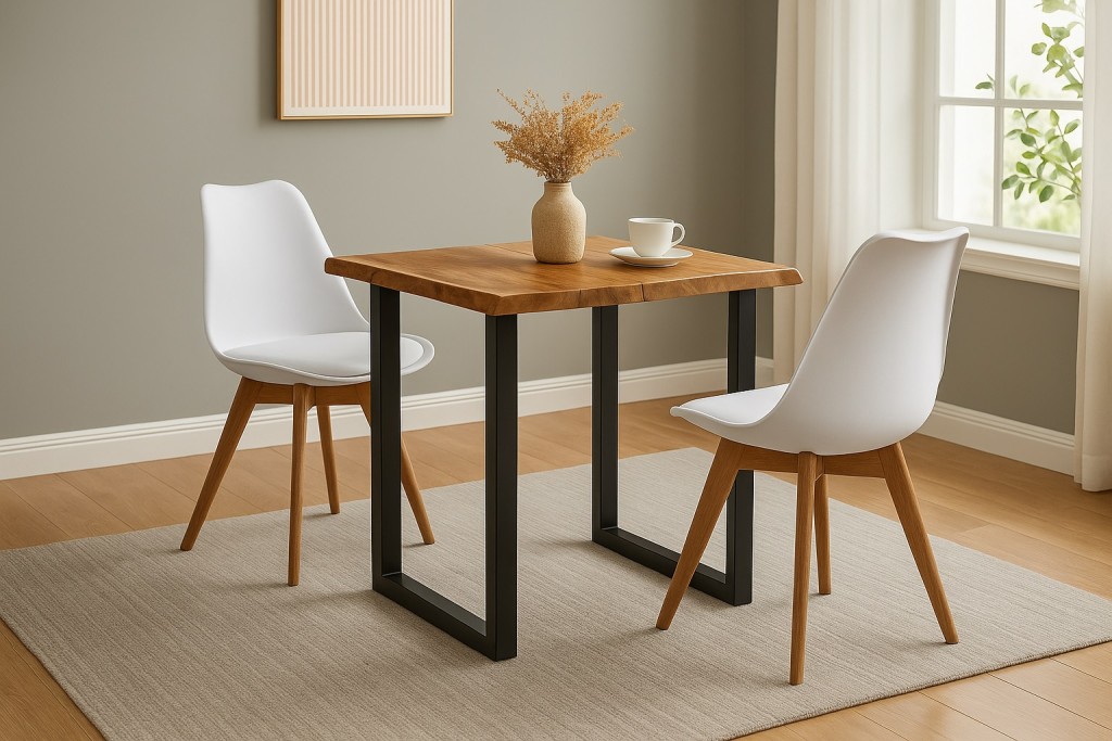 Essgruppe Baumkante massiv 90 x 90 cm Akazie naturfarben U-Gestell schwarz & 2 Stühle weiß QUINN