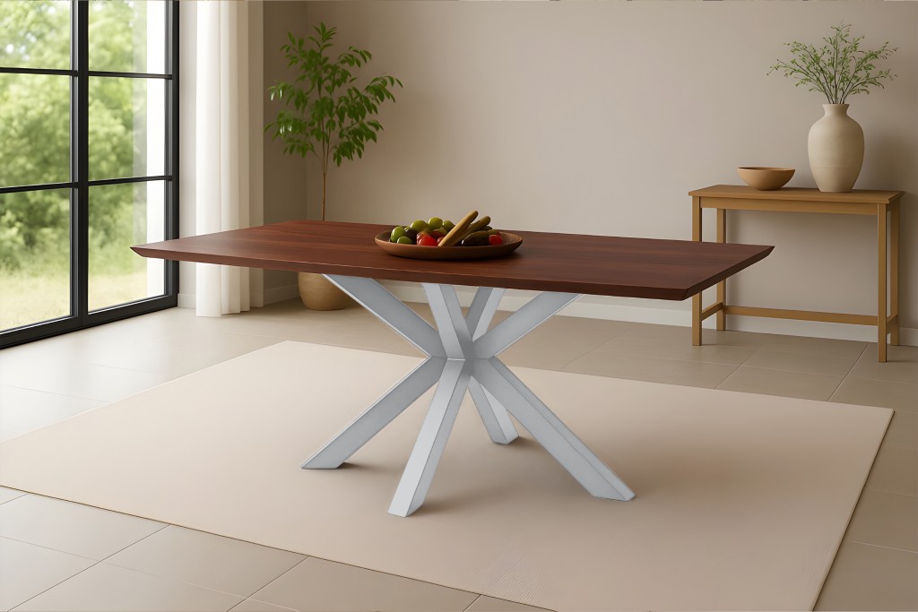 Esstisch 160x85cm Akazie massiv kastanienfarben schweizer Kante Spider-Gestell silber RITA