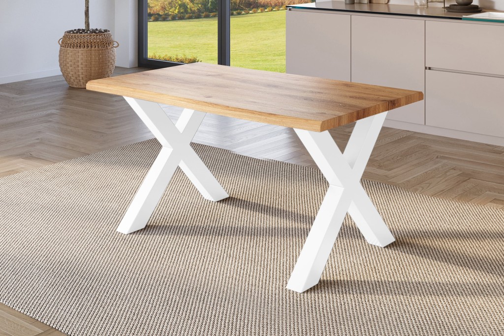 Esstisch Baumkante Holz-Optik Wildeiche 160 x 85 X-Gestell weiß JULIUS