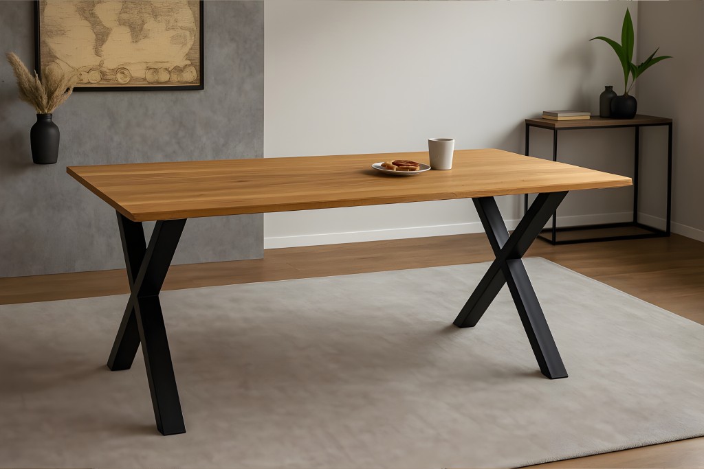 Esstisch Baumkante massiv Eiche geölt 280 x 100 cm X-Gestell schwarz SALVADOR