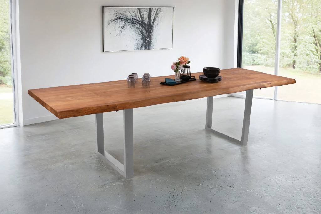 Esstisch Baumkante Akazie natur 200 (300) x 100 U-Gestell silber mit Ansteckplatten CALI