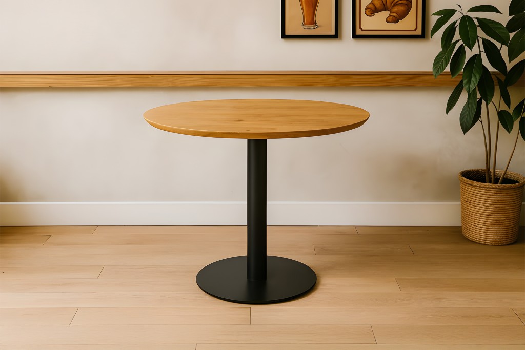 Bistrotisch Schweizer Kante massiv 80 cm Akazie naturfarben Säulengestell-rund schwarz BRASILIAN